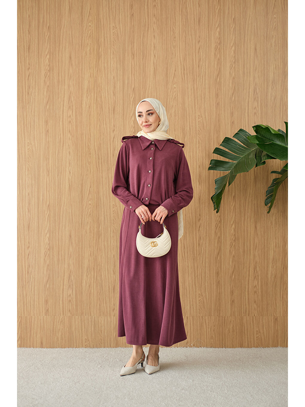 Kadın Gömlek Yaka Gümüş Düğme Detay Takım Bordo-3