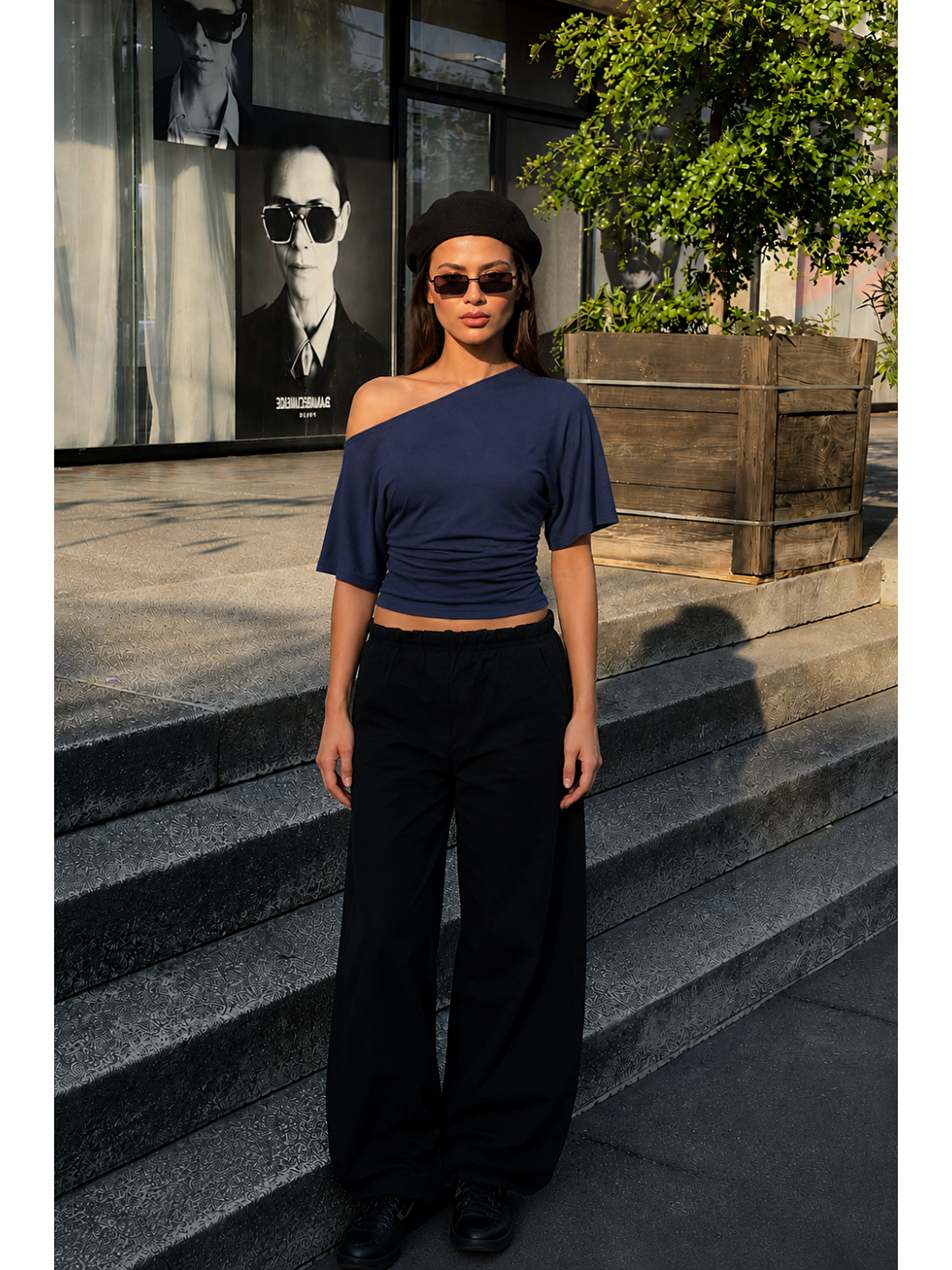 Kadın Günlük Casual Dar Lacivert Crop Bluz-1