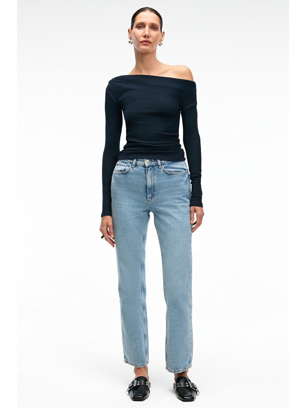 Olıvıenn Kadın Omuzu Açık Asimetrik Yakalı Uzun Kollu Slim Fit Lacivert Bluz-4