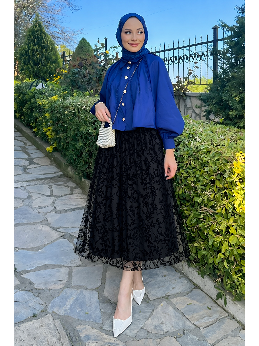 Kadın Premium Comfort Desenli Siyah Uzun Tül Tesettür Etek