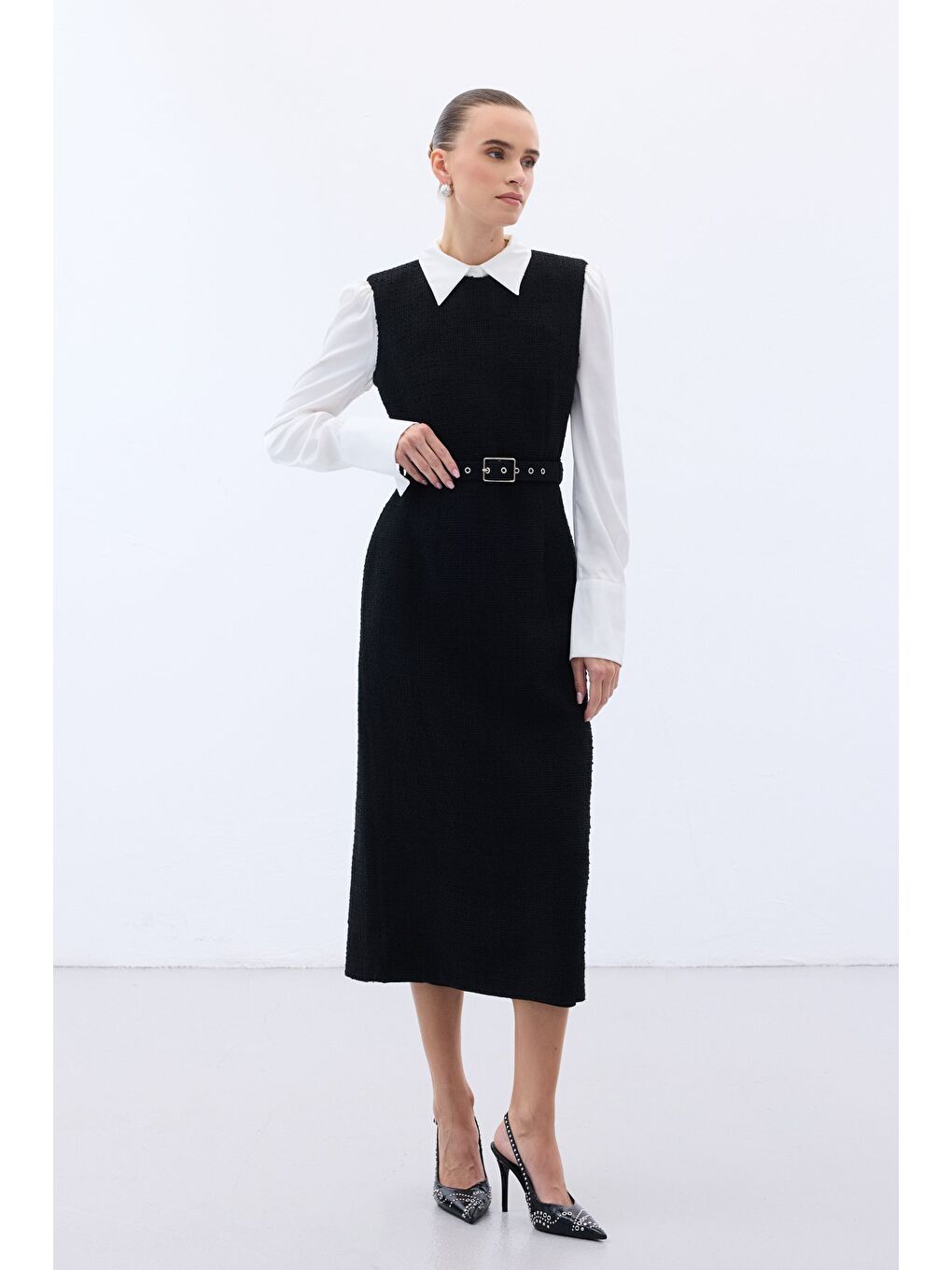 Kemerli Tüvit Elbise - Siyah-3