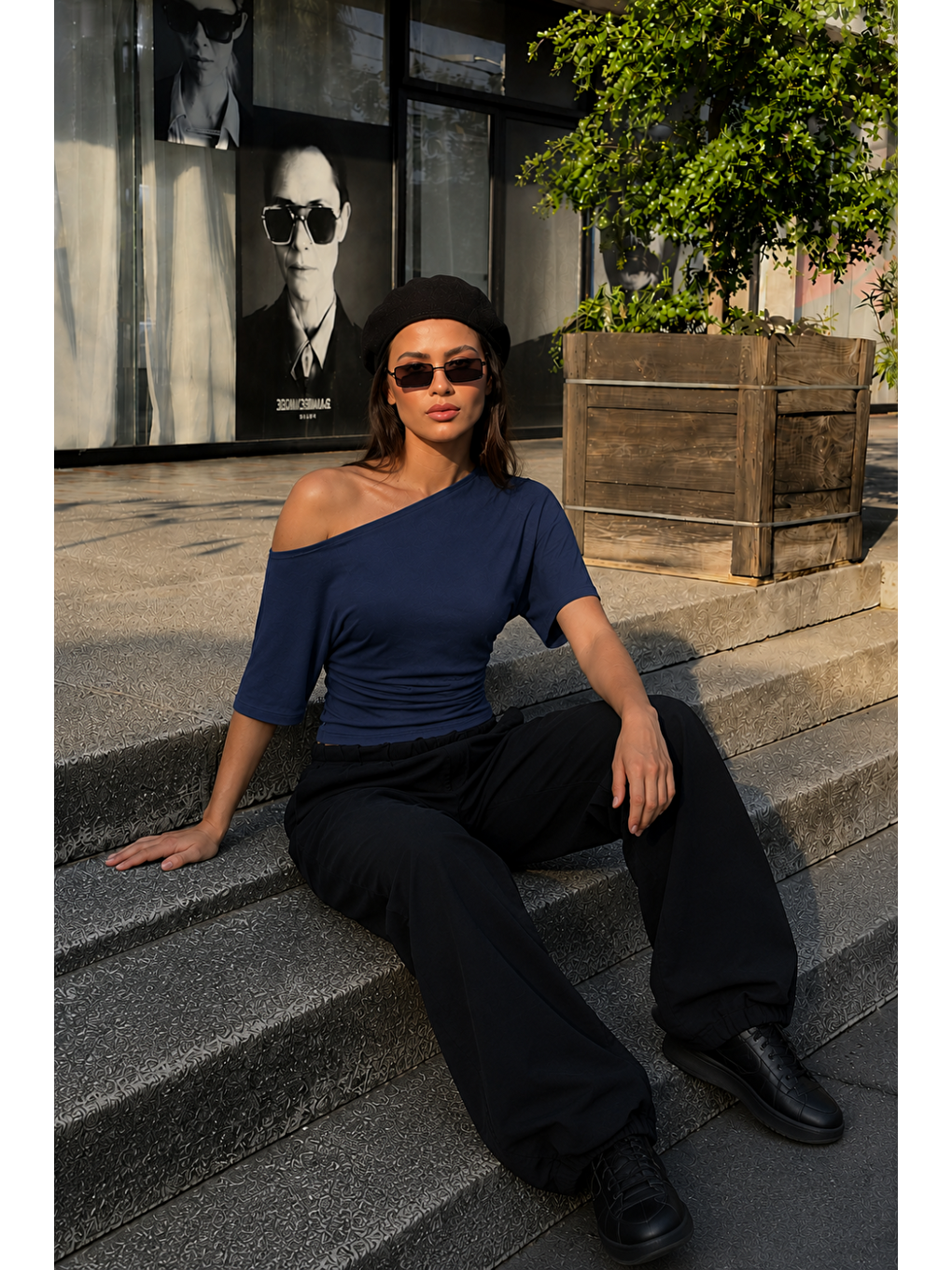 Kadın Günlük Casual Dar Lacivert Crop Bluz-2