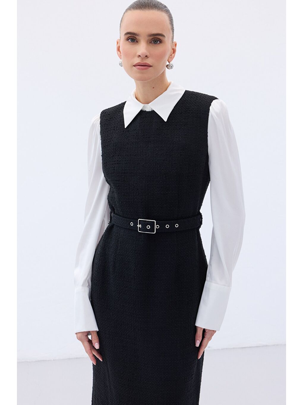 Kemerli Tüvit Elbise - Siyah-4