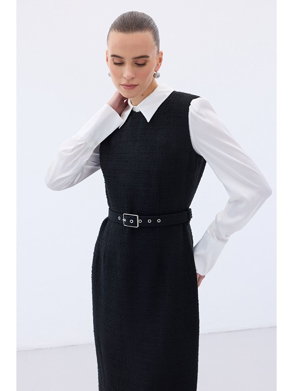 Kemerli Tüvit Elbise - Siyah-5