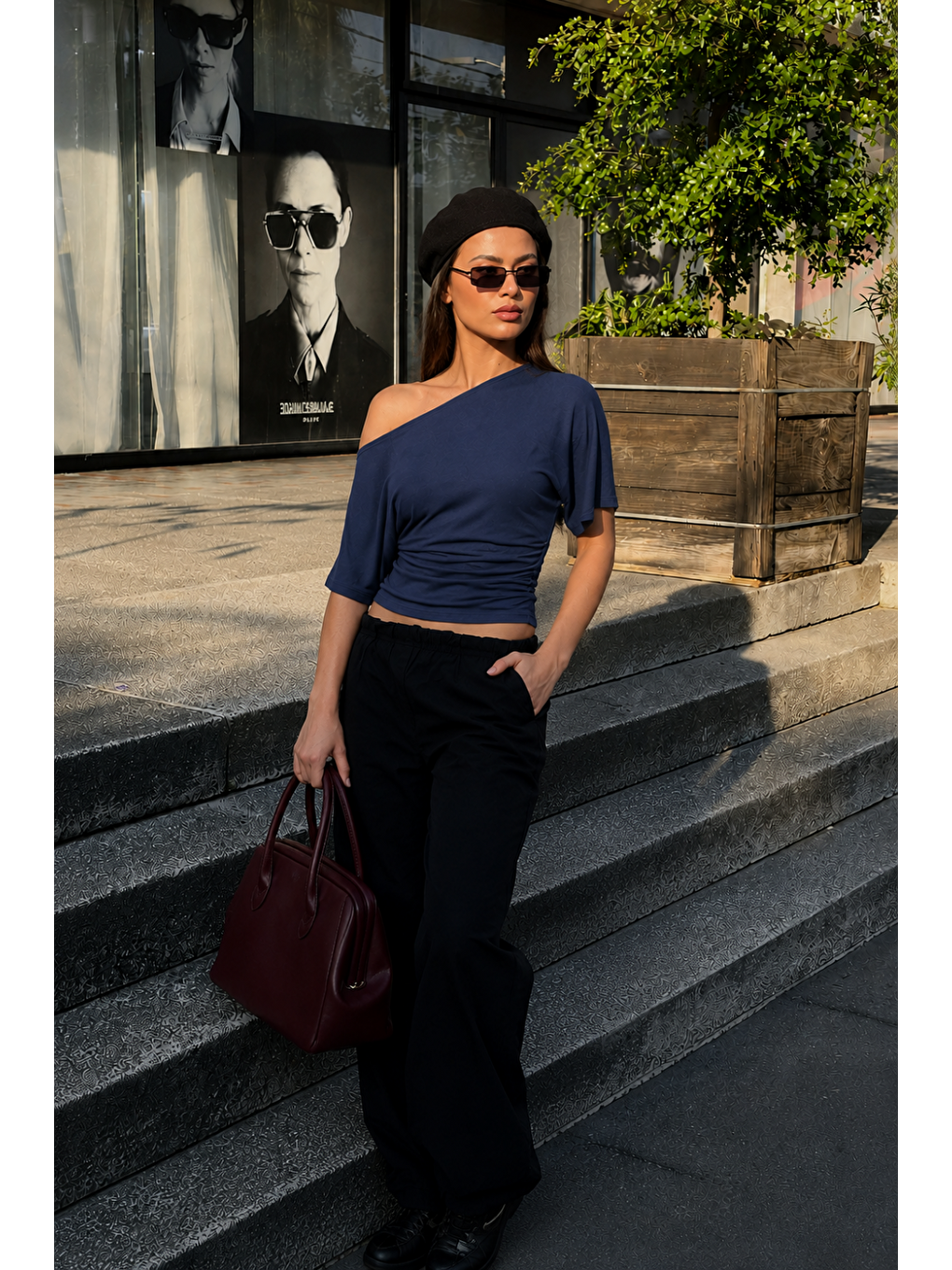 Kadın Günlük Casual Dar Lacivert Crop Bluz-3