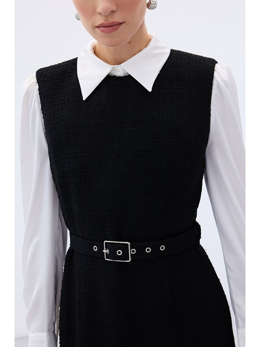 Kemerli Tüvit Elbise - Siyah-6