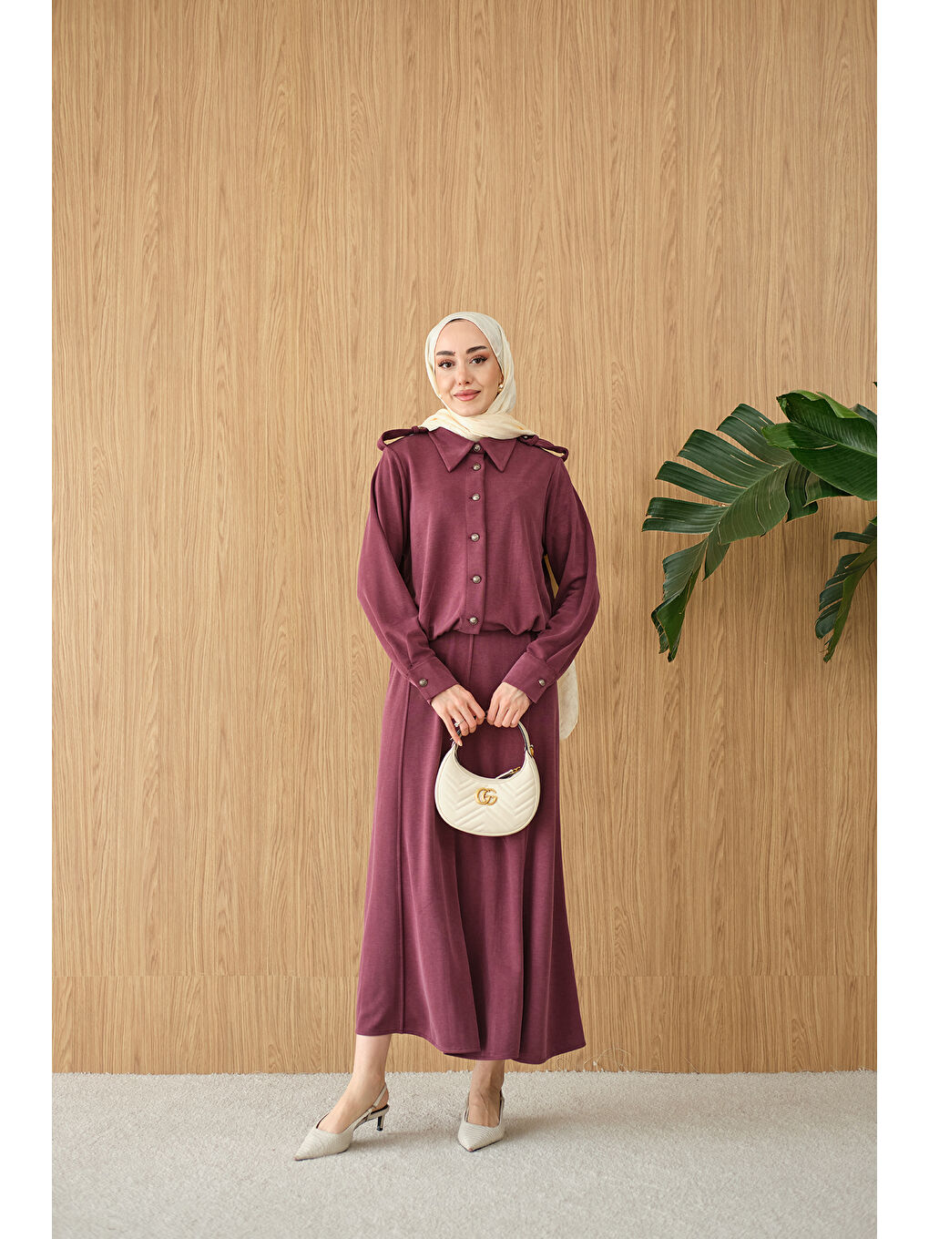 Kadın Gömlek Yaka Gümüş Düğme Detay Takım Bordo-4