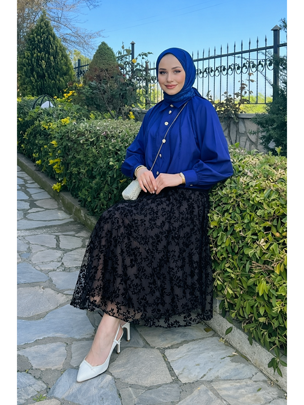 Kadın Premium Comfort Desenli Siyah Uzun Tül Tesettür Etek-1