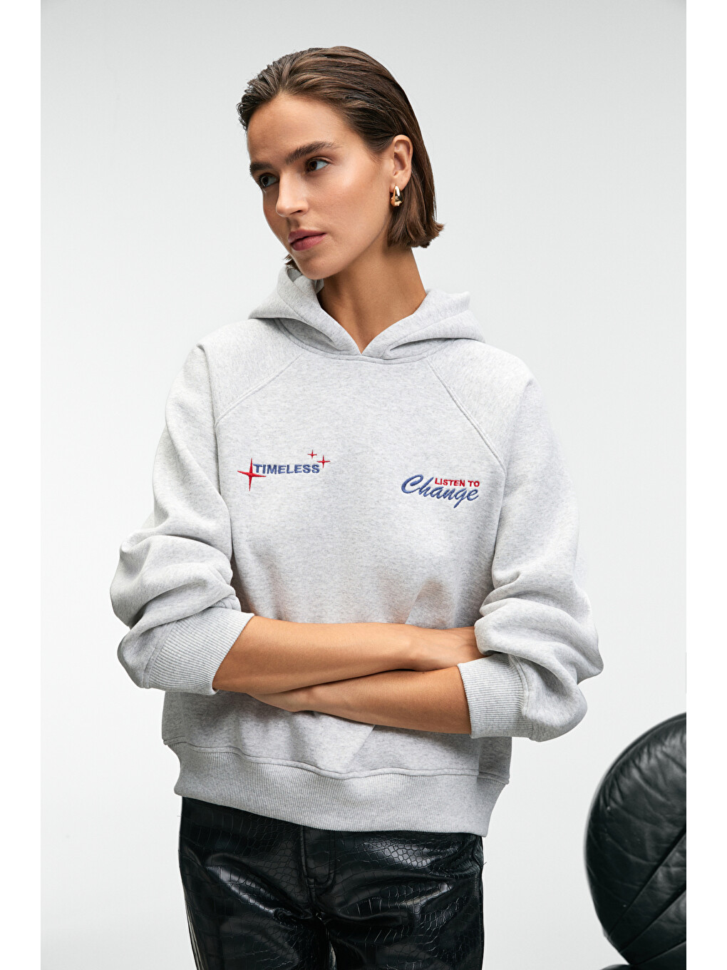 Orınque Kadın Kapüşonlu Baskı Ve Nakış Detaylı Oversize Gri Melanj Sweatshirt-2