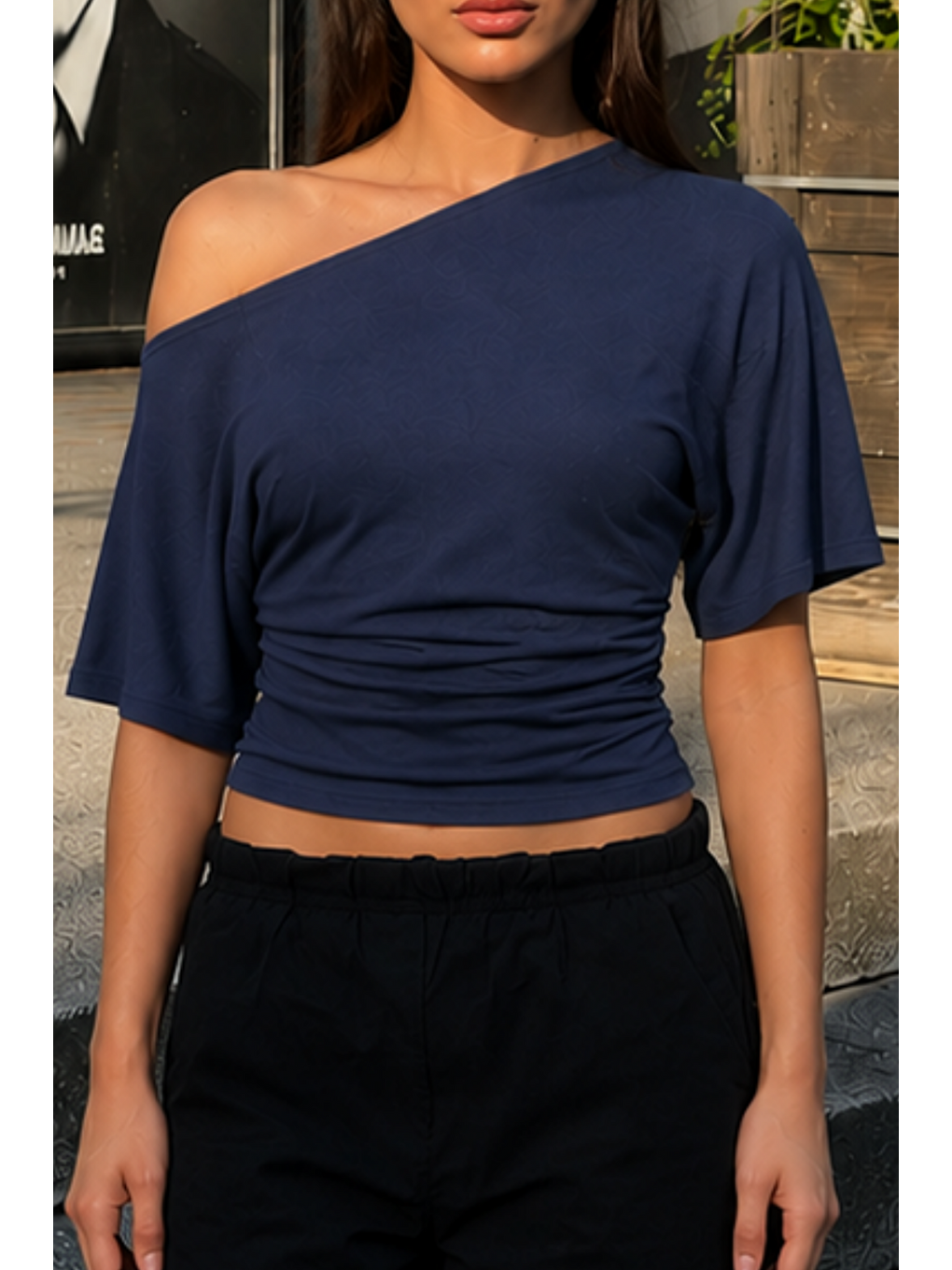Kadın Günlük Casual Dar Lacivert Crop Bluz-5