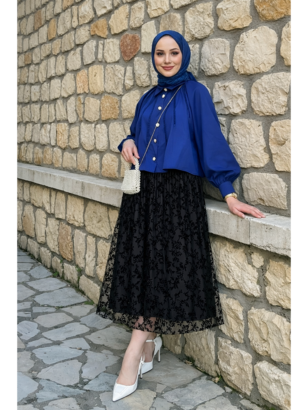 Kadın Premium Comfort Desenli Siyah Uzun Tül Tesettür Etek-2