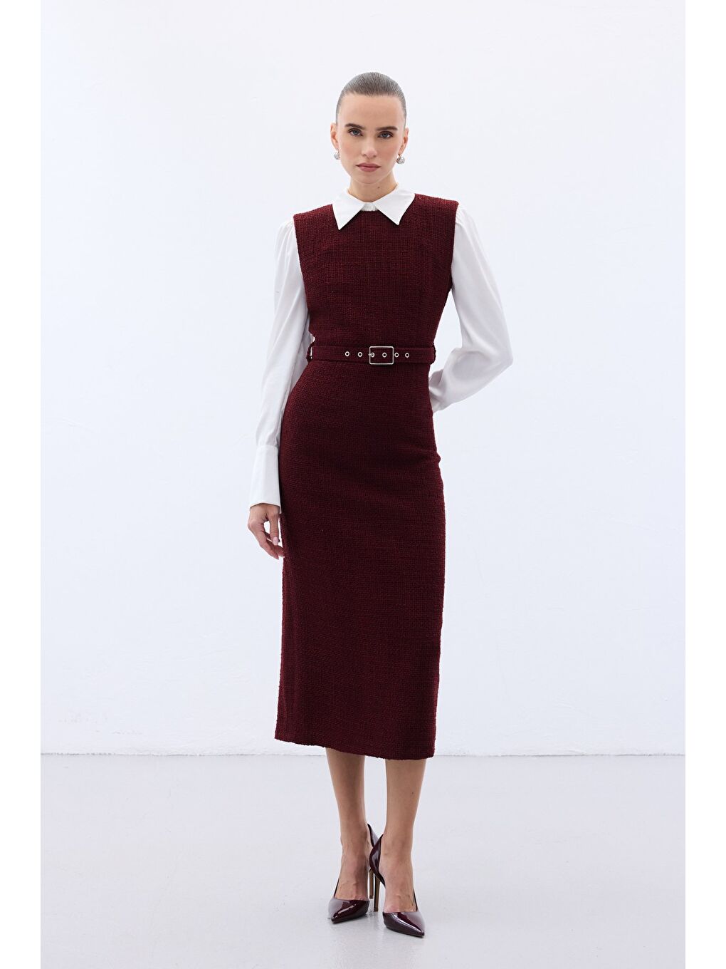 Kemerli Tüvit Elbise - Bordo