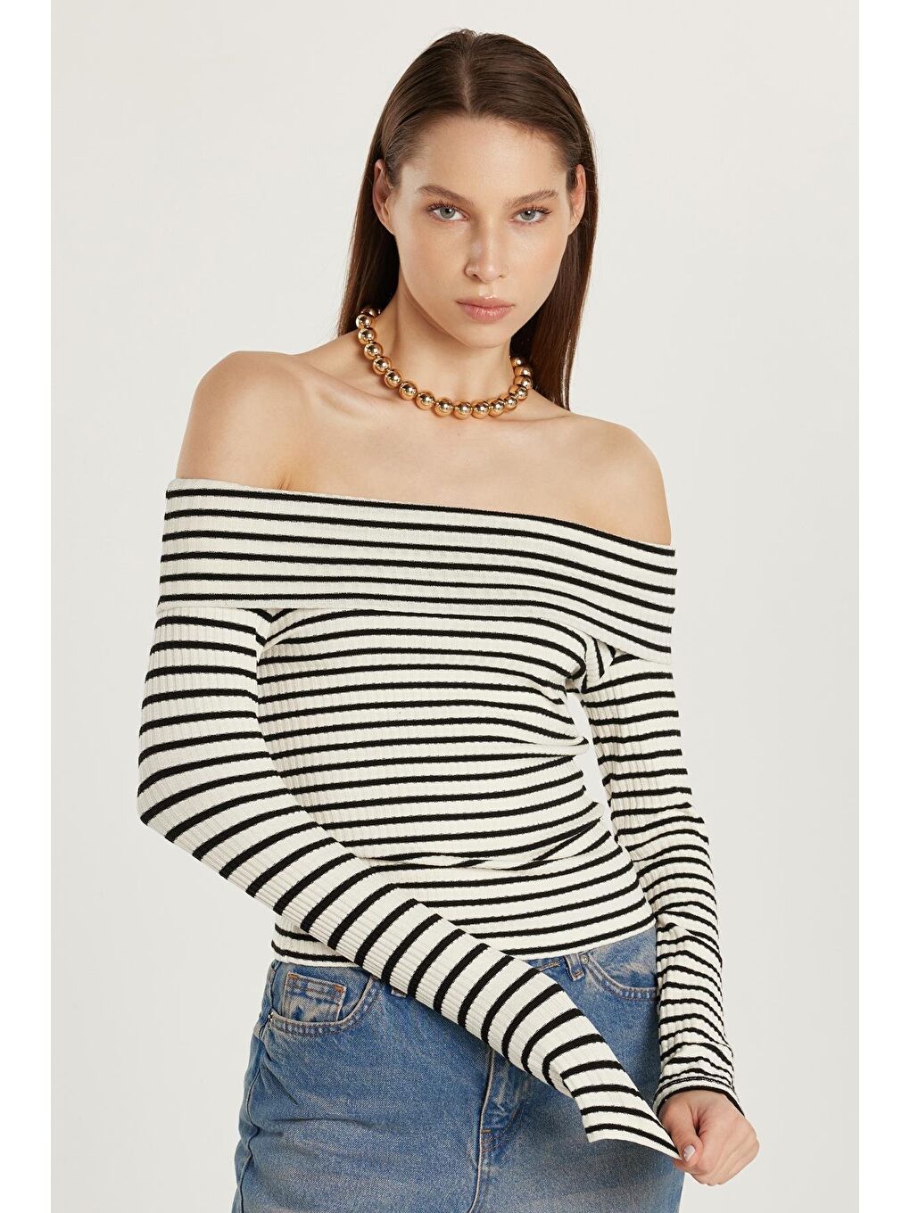 Karışık Kadın Slim Fit Dar Kesim Fitilli Straplez Çizgili Bluz