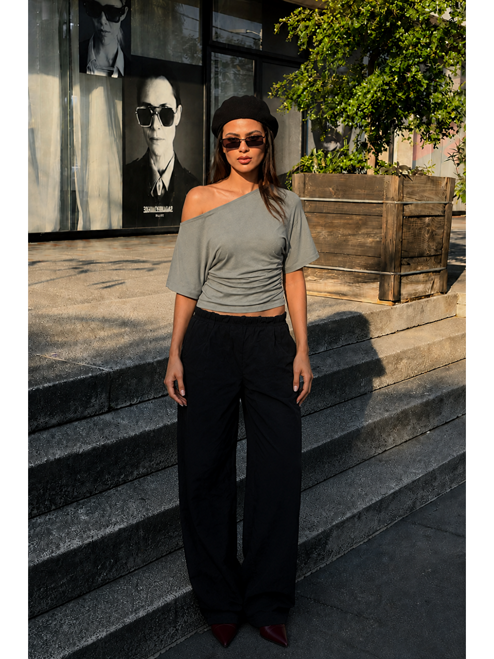 Kadın Günlük Casual Dar Gri Crop Bluz-1