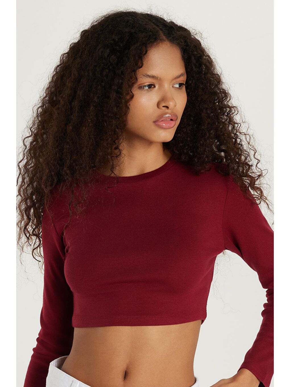 Kadın Slim Fit Modal Kumaş Pamuklu Bisiklet Yaka Bordo Bluz-1