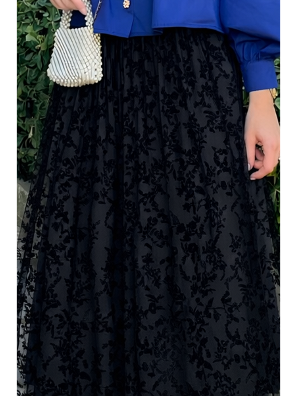 Kadın Premium Comfort Desenli Siyah Uzun Tül Tesettür Etek-3
