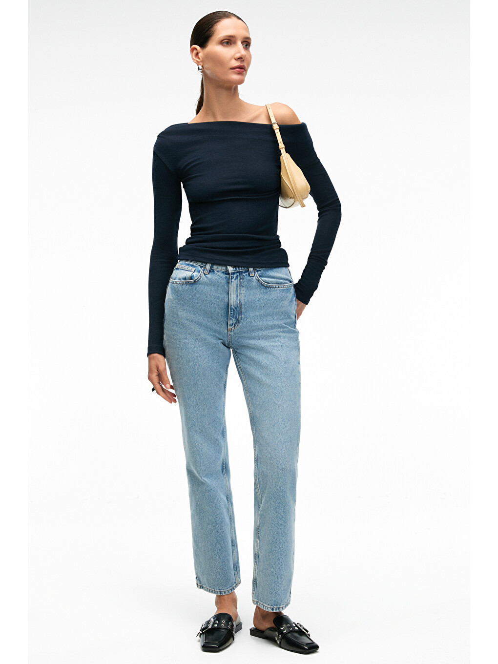 Olıvıenn Kadın Omuzu Açık Asimetrik Yakalı Uzun Kollu Slim Fit Lacivert Bluz-5
