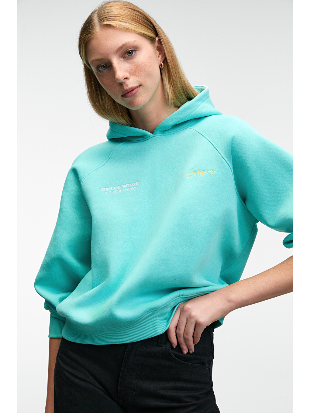 Orınque Kadın Kapüşonlu Baskı Ve Nakış Detaylı Oversize Turkuaz Sweatshirt-4