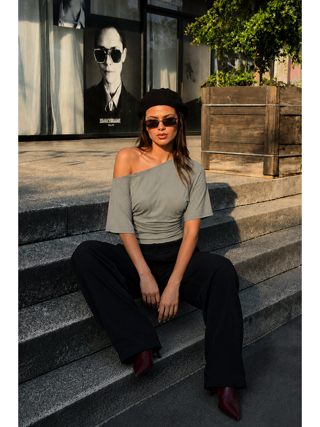 Kadın Günlük Casual Dar Gri Crop Bluz-2