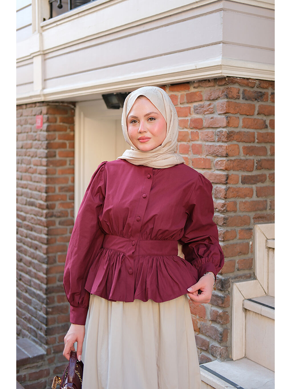 Kadın Beli Büzgü Detaylı Gömlek Bordo-4