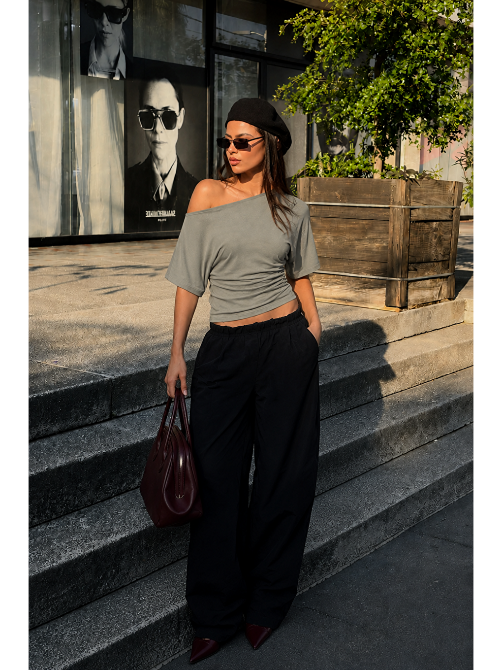 Kadın Günlük Casual Dar Gri Crop Bluz-3
