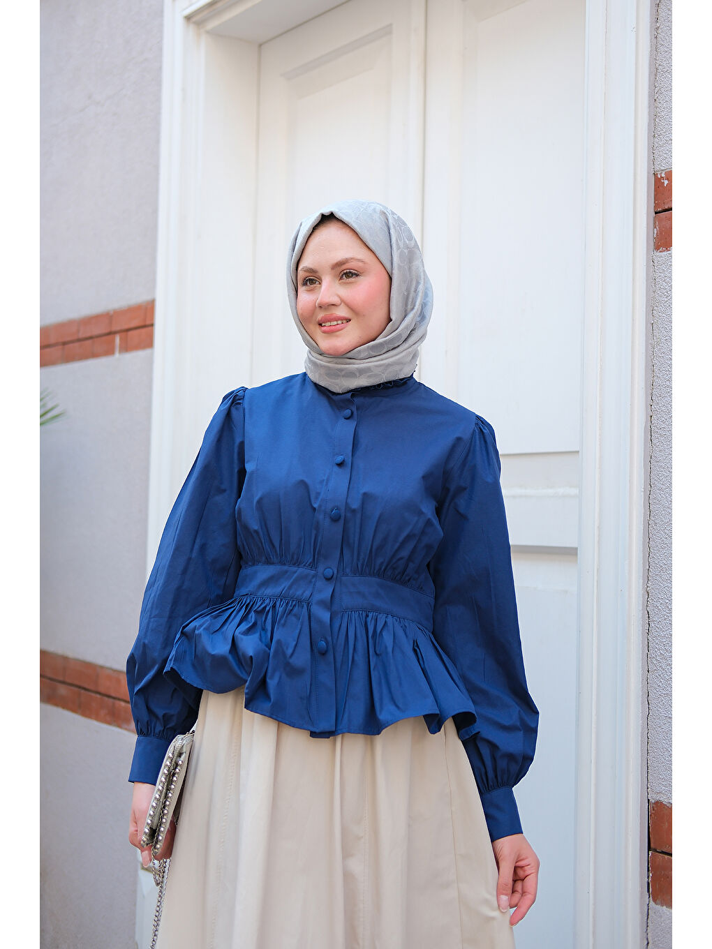 Kadın Beli Büzgü Detaylı Gömlek Lacivert-1