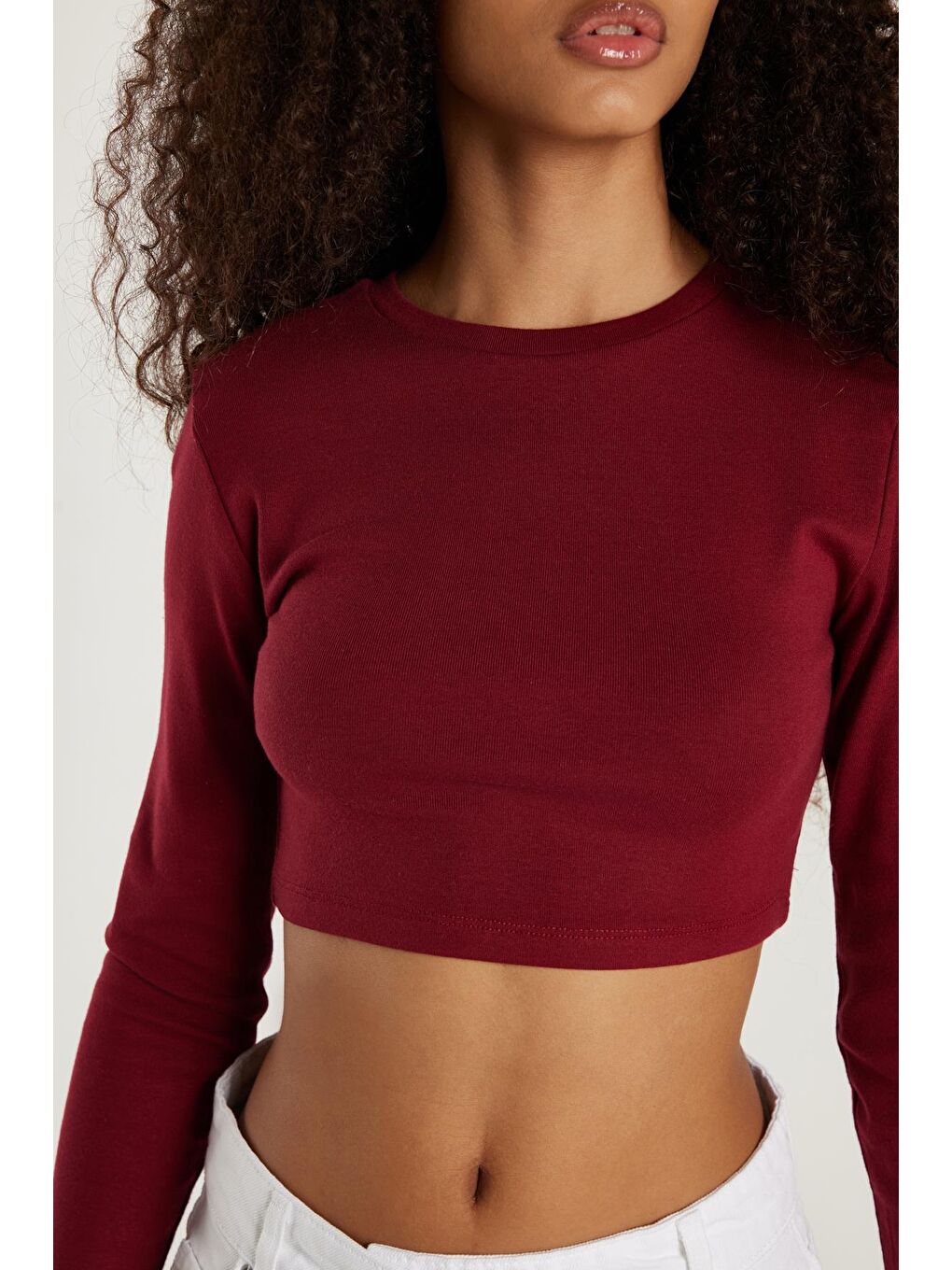 Kadın Slim Fit Modal Kumaş Pamuklu Bisiklet Yaka Bordo Bluz-2