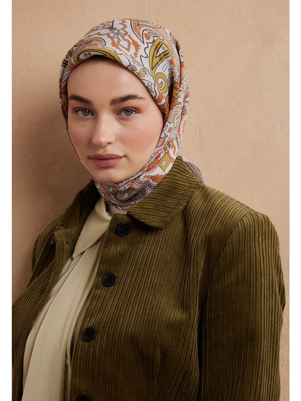 Pembe Lena Desen Pamuk İpek Eşarp Somon