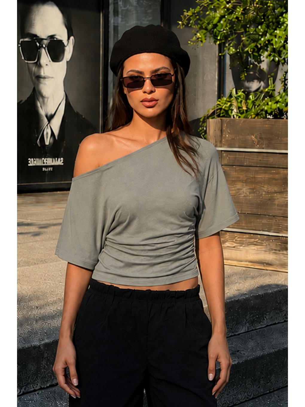Kadın Günlük Casual Dar Gri Crop Bluz-4