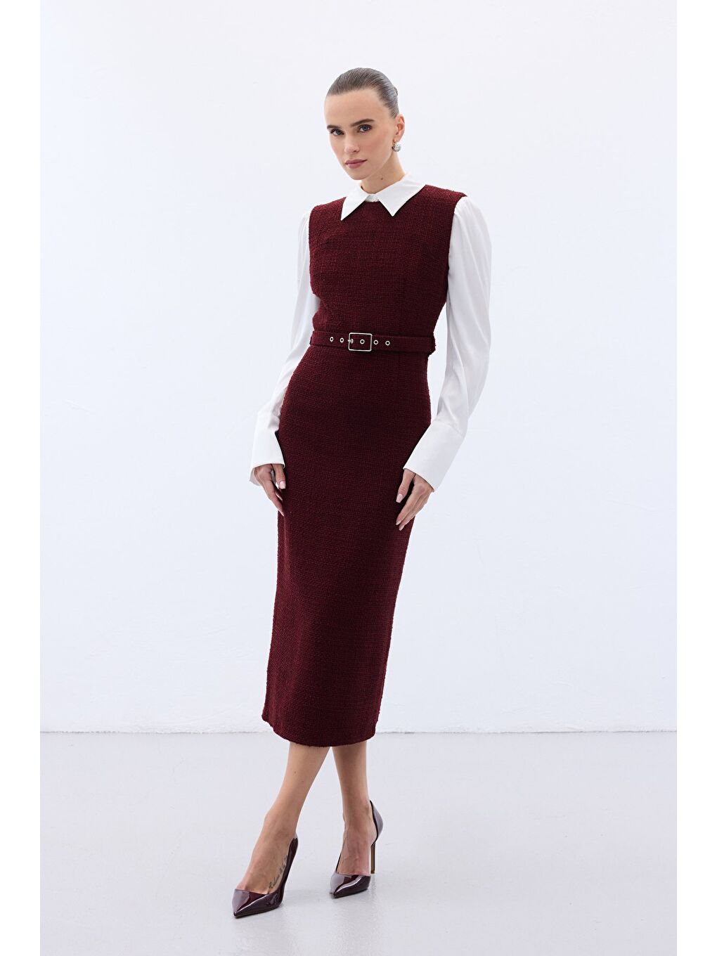Kemerli Tüvit Elbise - Bordo-2