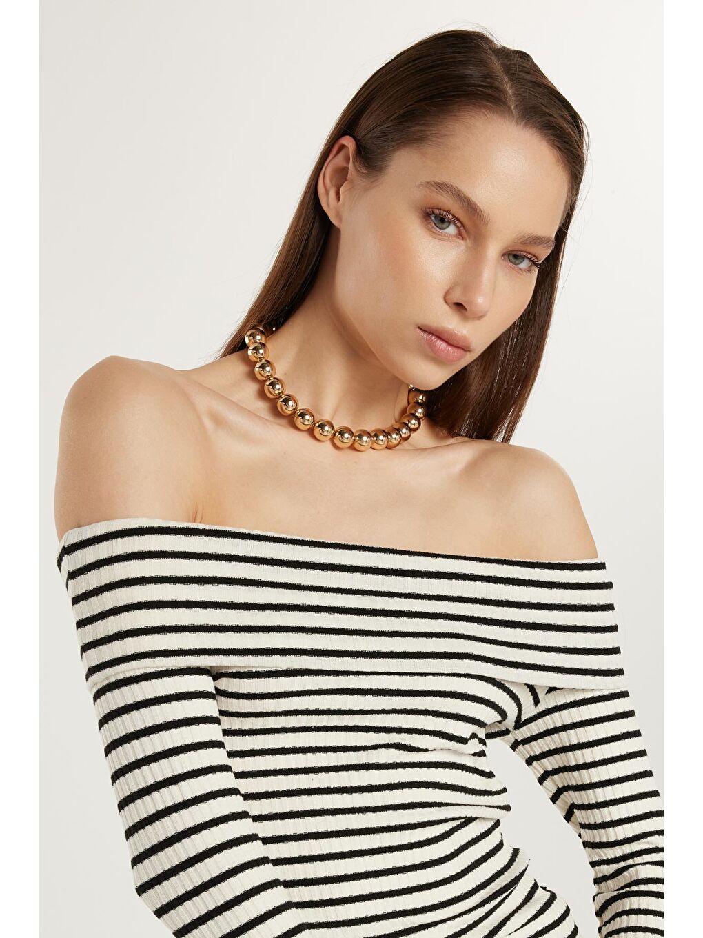 Karışık Kadın Slim Fit Dar Kesim Fitilli Straplez Çizgili Bluz-1