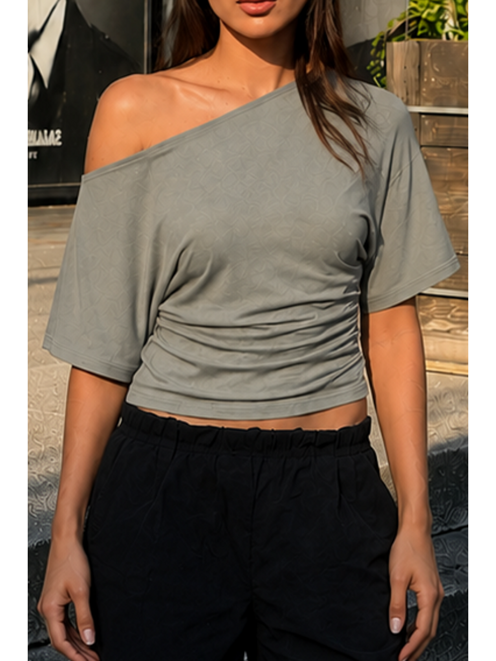 Kadın Günlük Casual Dar Gri Crop Bluz-5