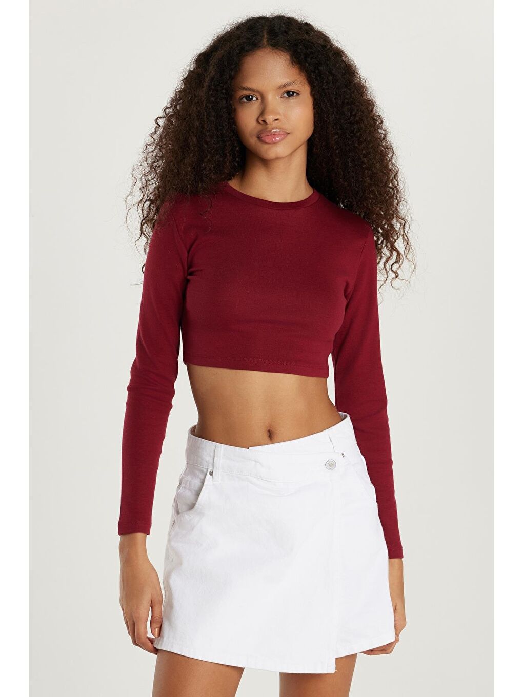 Kadın Slim Fit Modal Kumaş Pamuklu Bisiklet Yaka Bordo Bluz-3