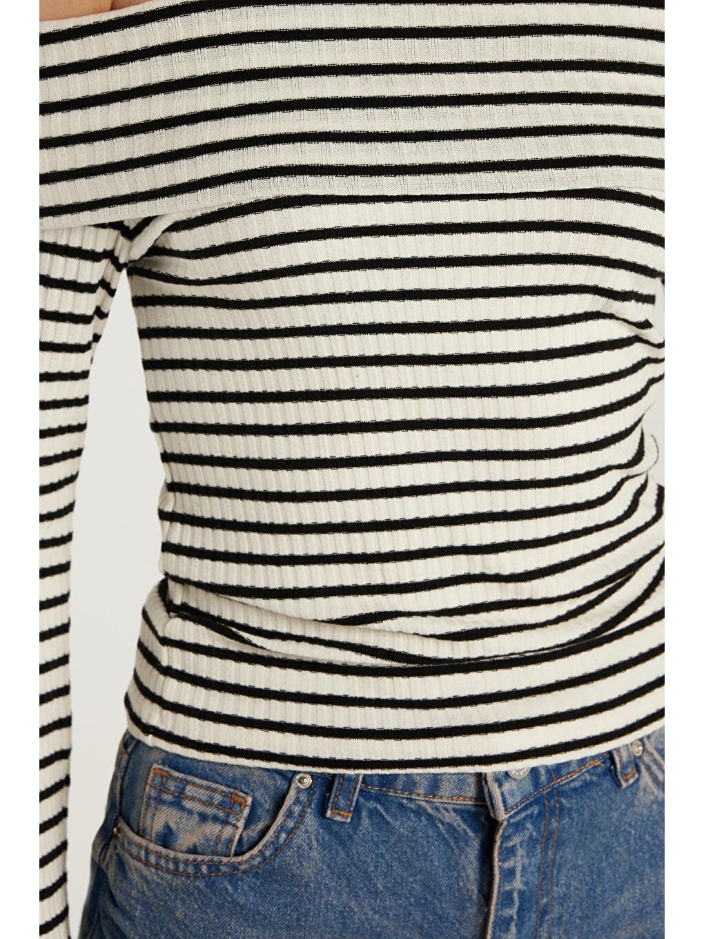 Karışık Kadın Slim Fit Dar Kesim Fitilli Straplez Çizgili Bluz-2