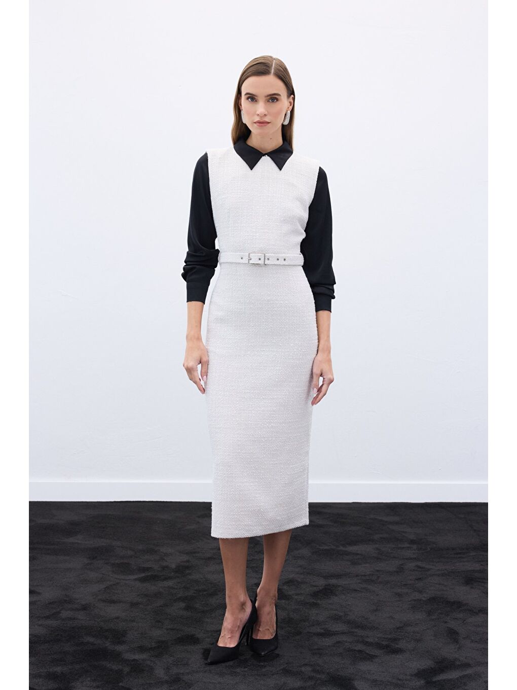 Bej Kemerli Tüvit Elbise - Taş