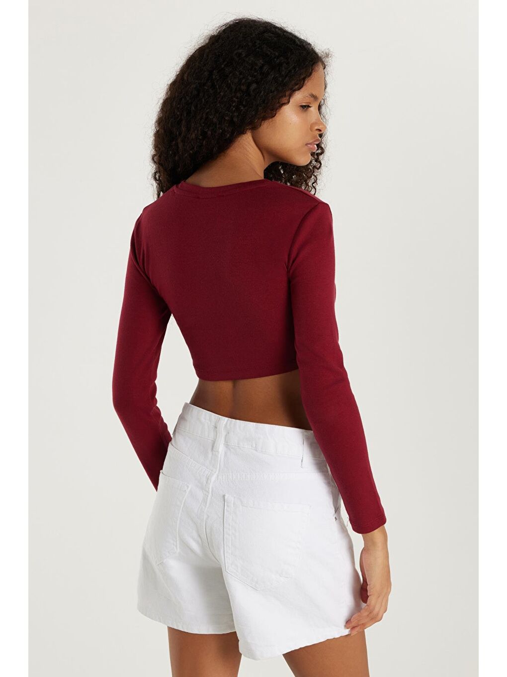 Kadın Slim Fit Modal Kumaş Pamuklu Bisiklet Yaka Bordo Bluz-4