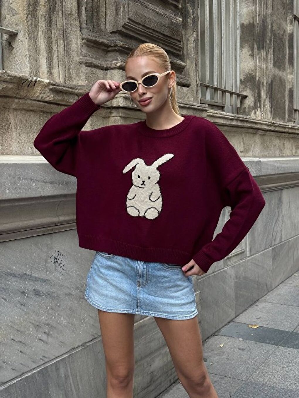 Bordo Tavşan Desenli Triko Kazak-1