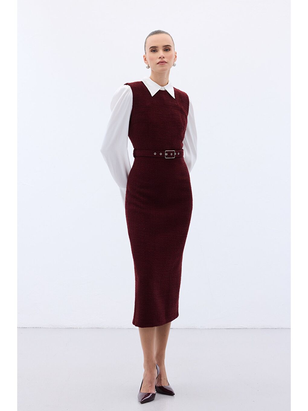 Kemerli Tüvit Elbise - Bordo-4