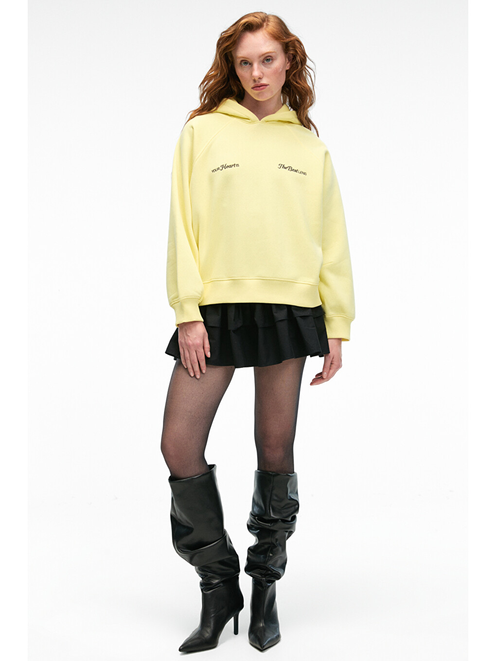 Orınque Kadın Kapüşonlu Baskı Ve Nakış Detaylı Oversize Sarı Sweatshirt