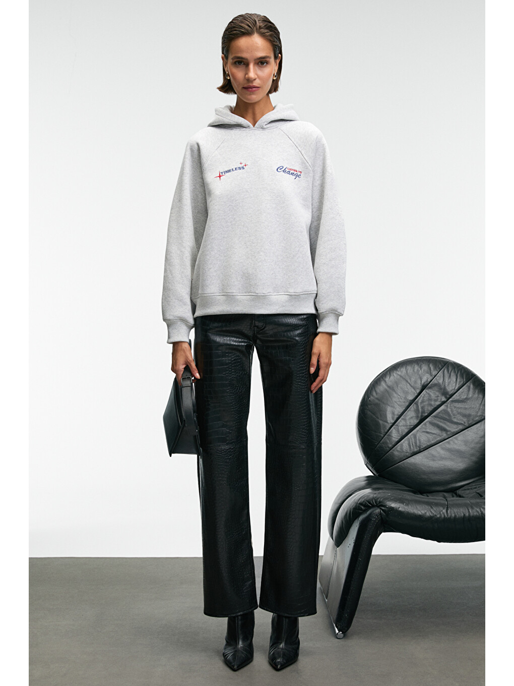 Orınque Kadın Kapüşonlu Baskı Ve Nakış Detaylı Oversize Gri Melanj Sweatshirt-4