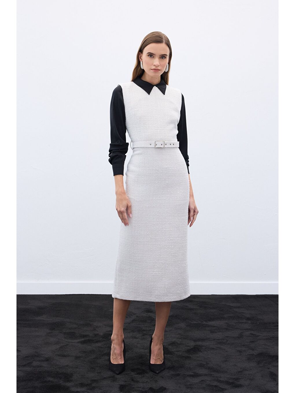 Bej Kemerli Tüvit Elbise - Taş-2