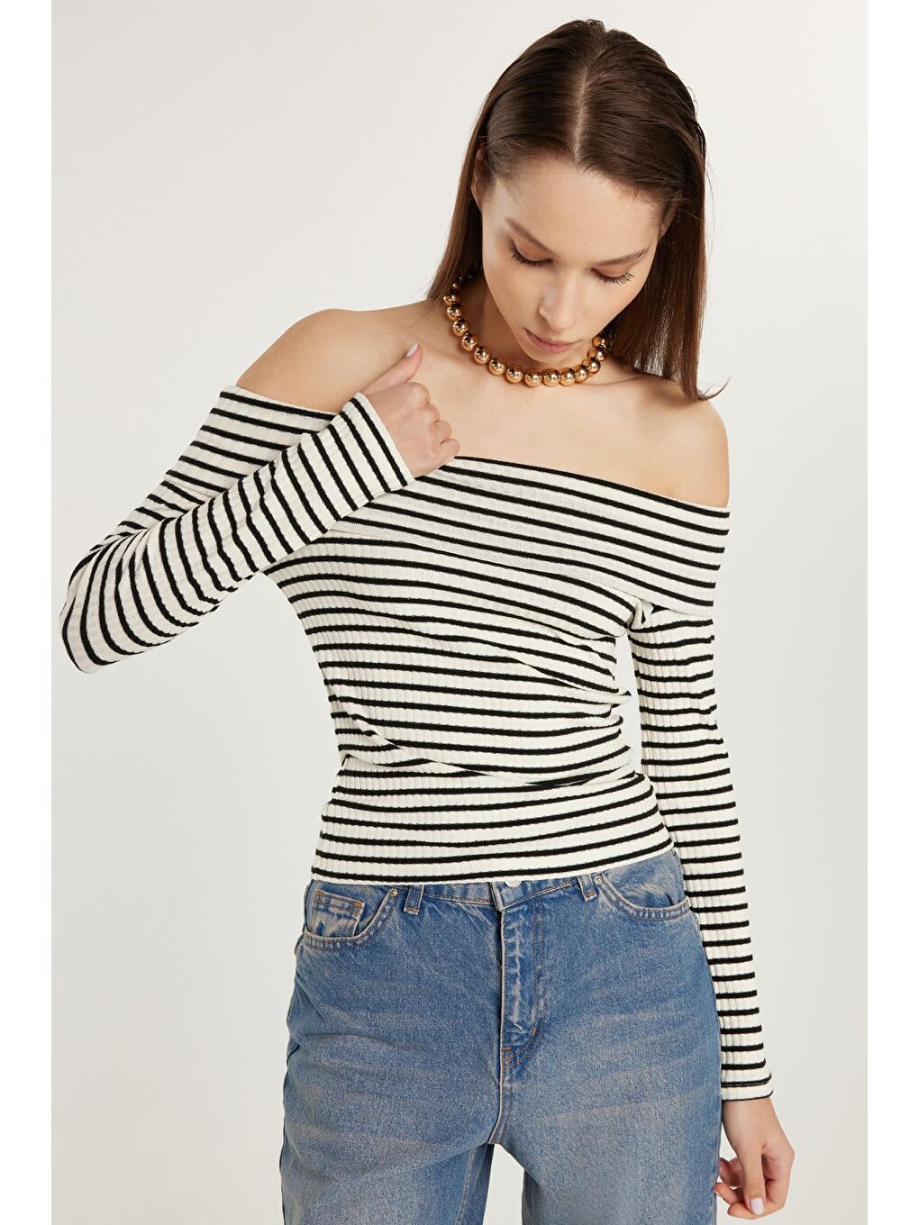 Karışık Kadın Slim Fit Dar Kesim Fitilli Straplez Çizgili Bluz-3