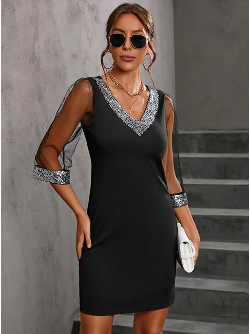 Siyah Kadın Uzun Kollu V Yaka Ve Kol Ucu Pul Payet Krep Elbise