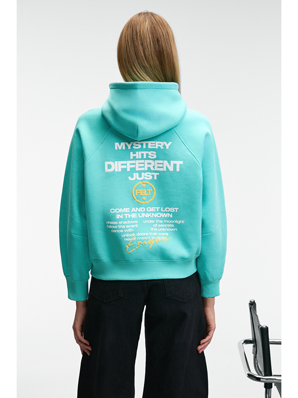Orınque Kadın Kapüşonlu Baskı Ve Nakış Detaylı Oversize Turkuaz Sweatshirt-5