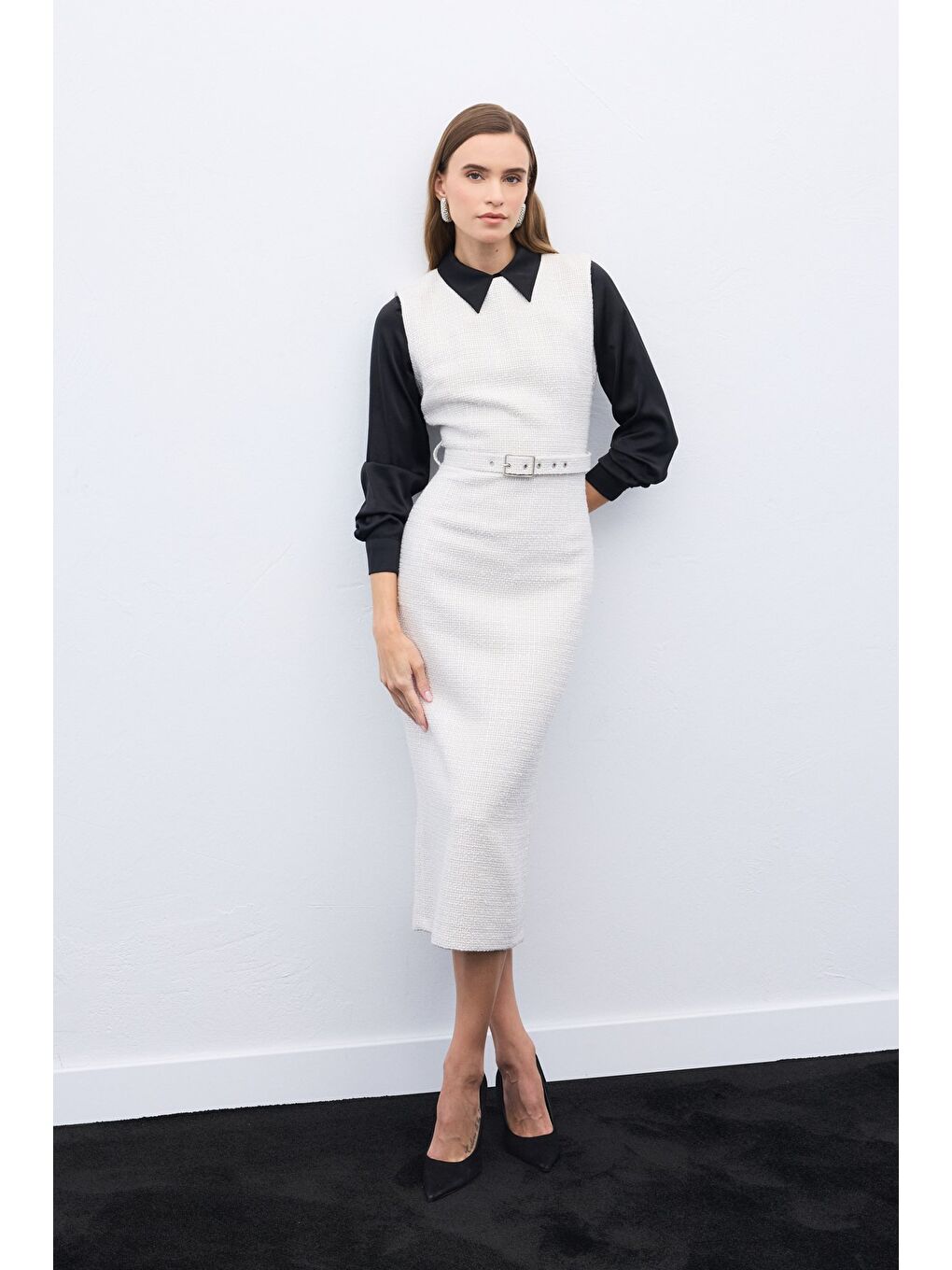 Bej Kemerli Tüvit Elbise - Taş-3