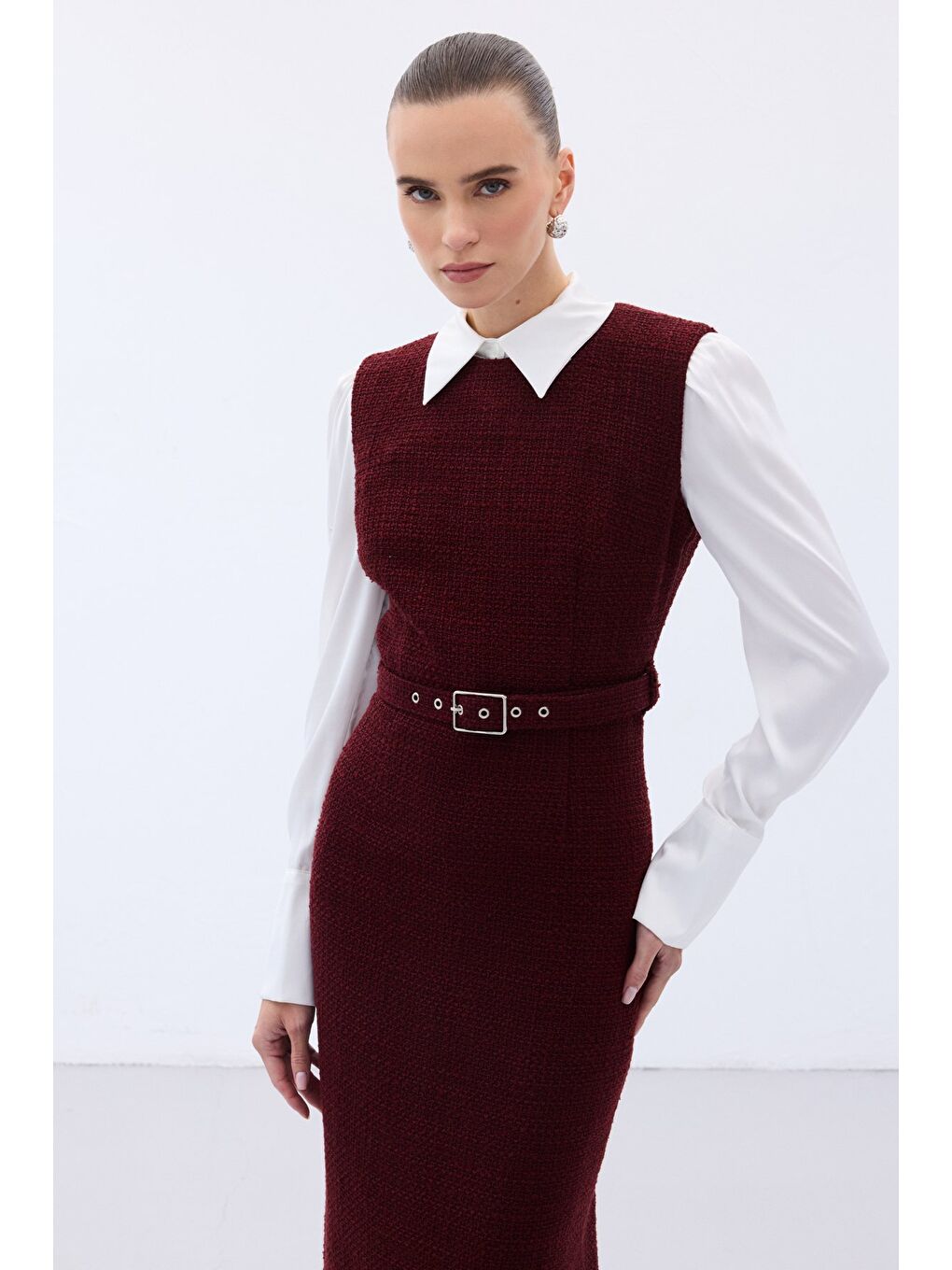 Kemerli Tüvit Elbise - Bordo-5