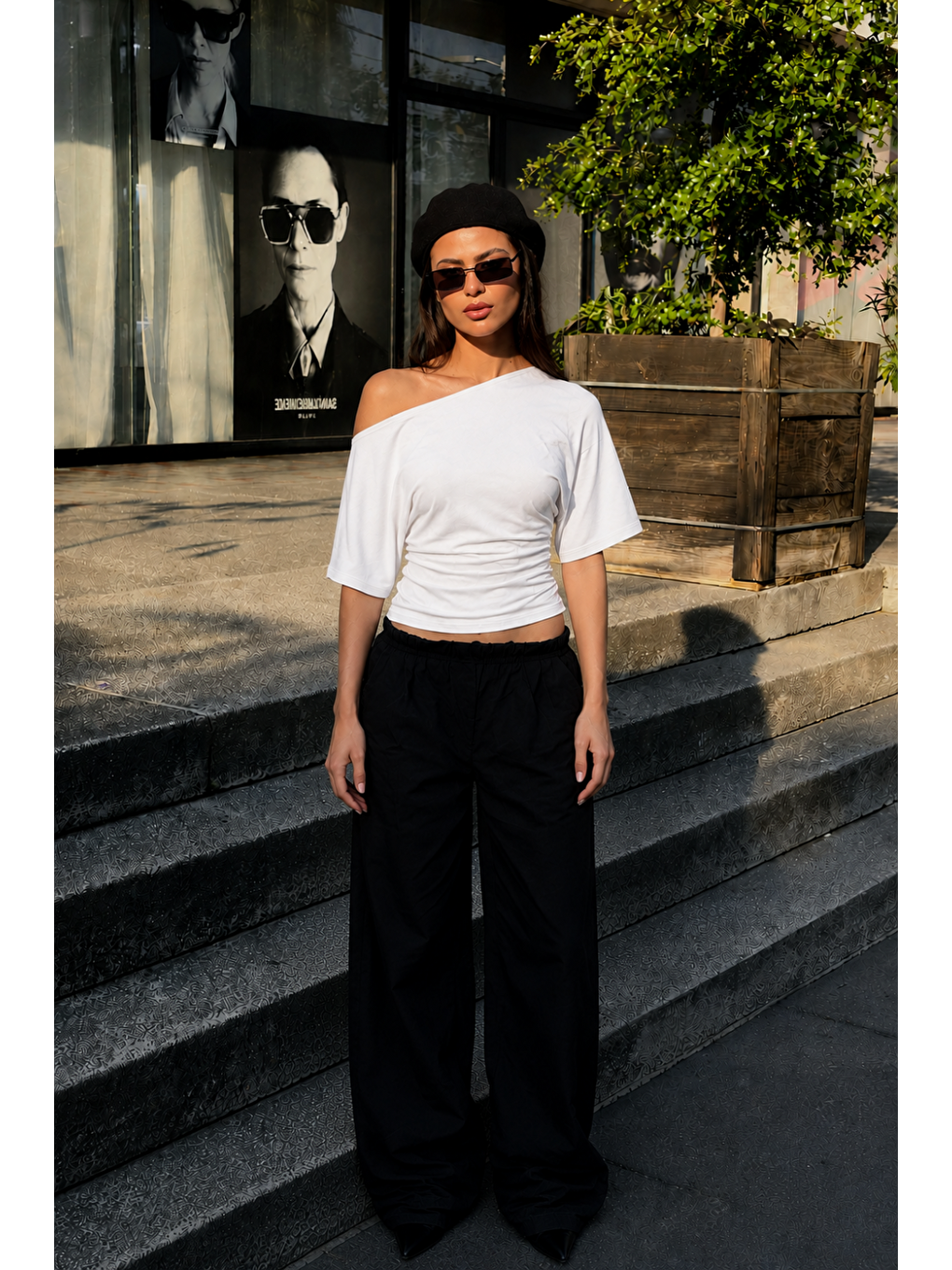 Kadın Günlük Casual Dar Beyaz Crop Bluz-1