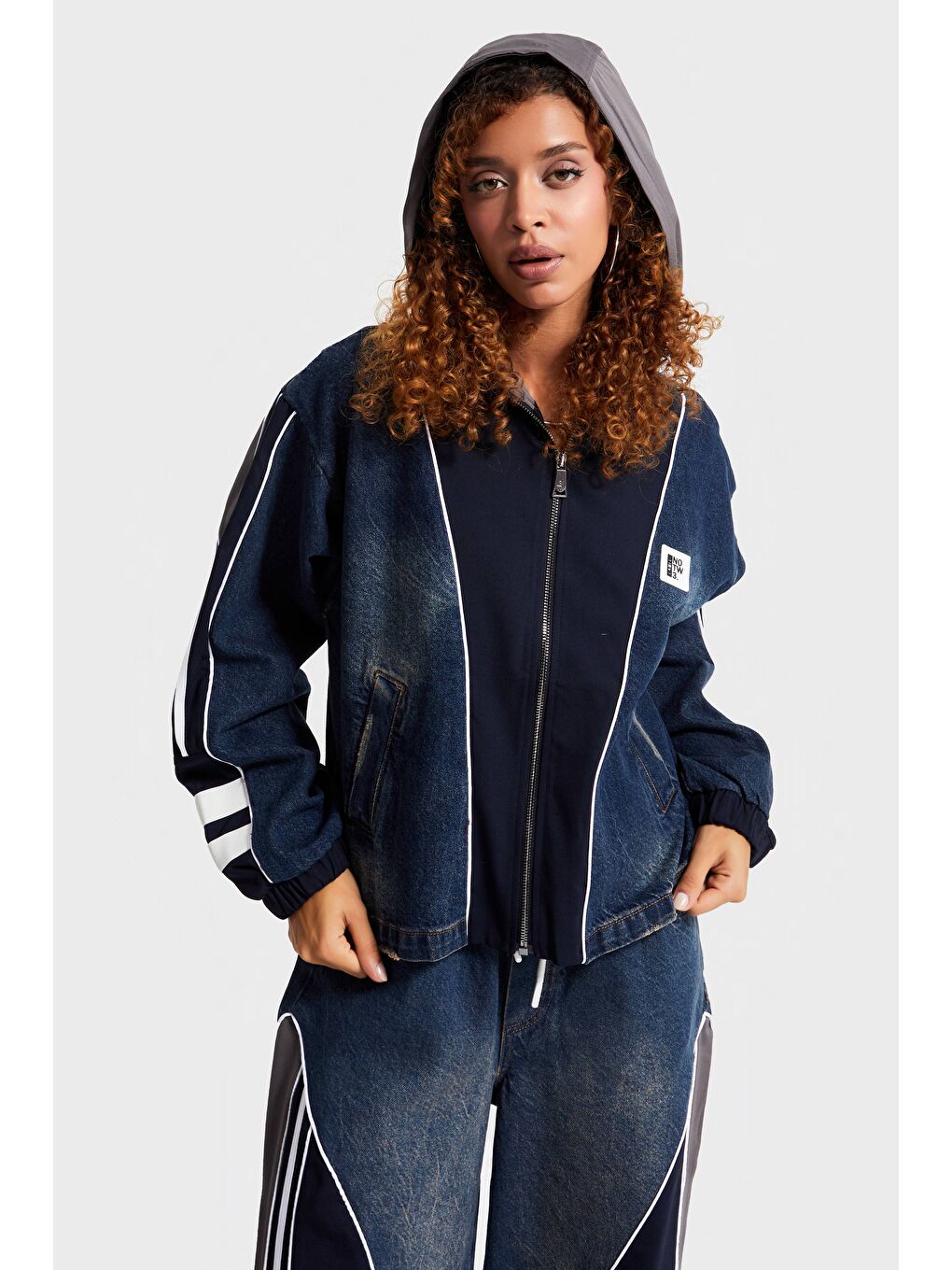 Lacivert Kadın Jean Laci Renk Denim Dokuma Çift Parça Kumaş Oversize Kapüşonlu Tasarım Denim Ceket