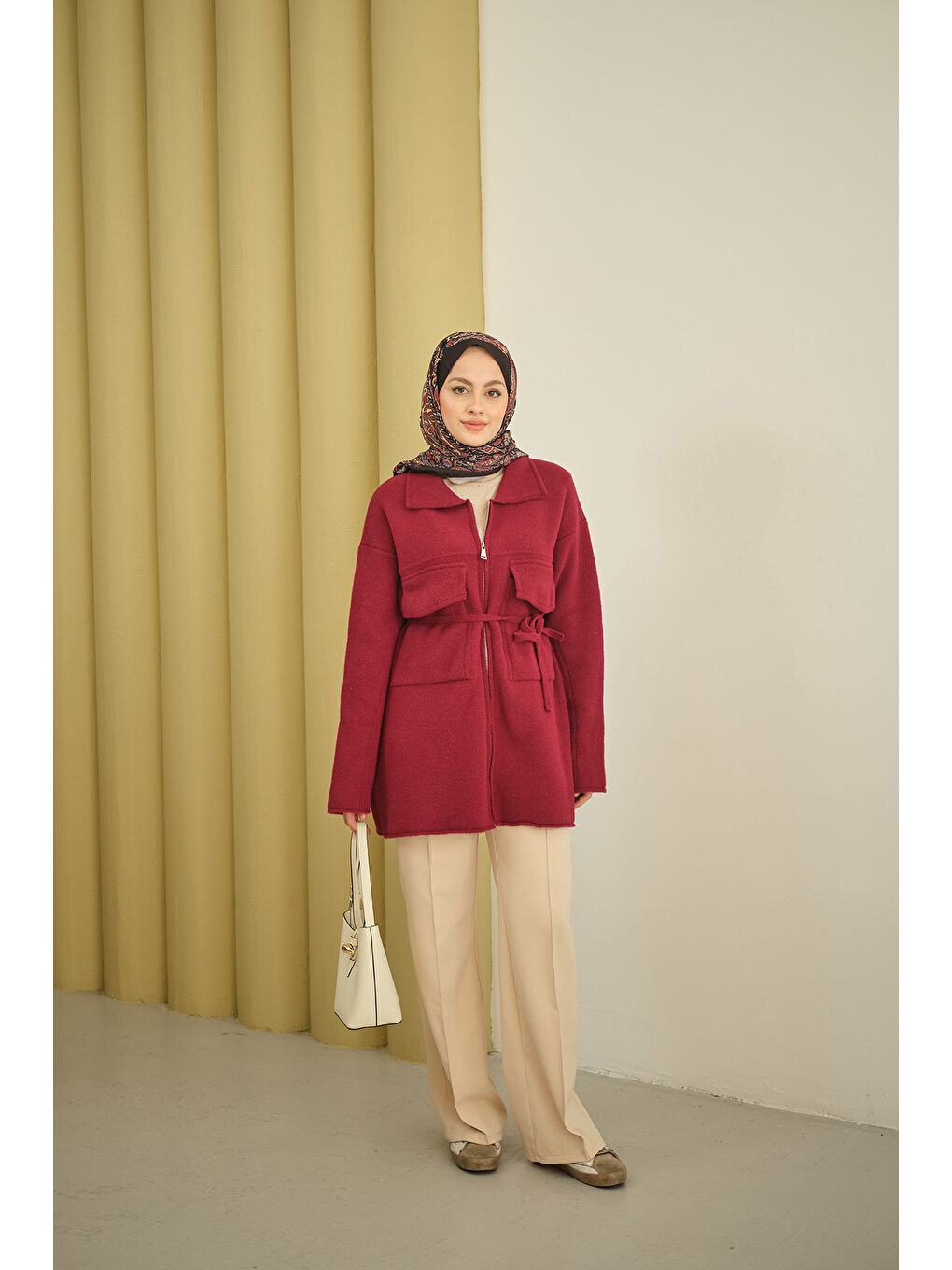 Kadın Cepli Keçe Hırka Bordo-1