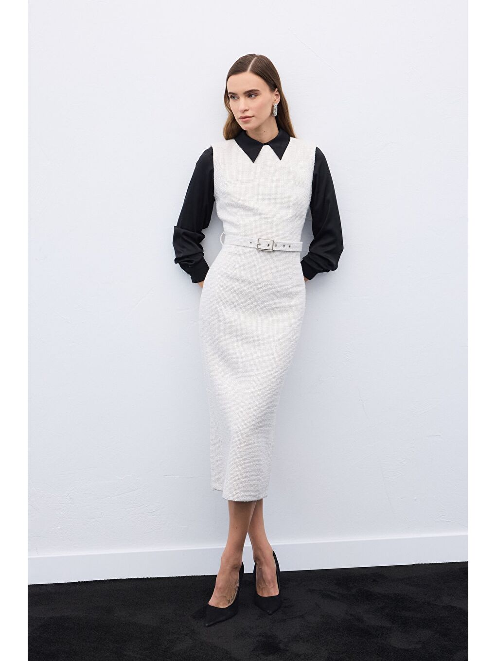 Bej Kemerli Tüvit Elbise - Taş-4